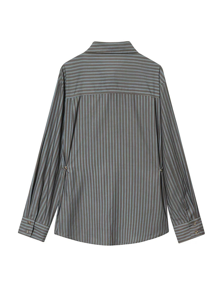 Women Fashion Stripe Printed Shirt New Elegant Lapel Long Sleeve Office Blouses Casual Pockets Decor Blouse Female Clothing