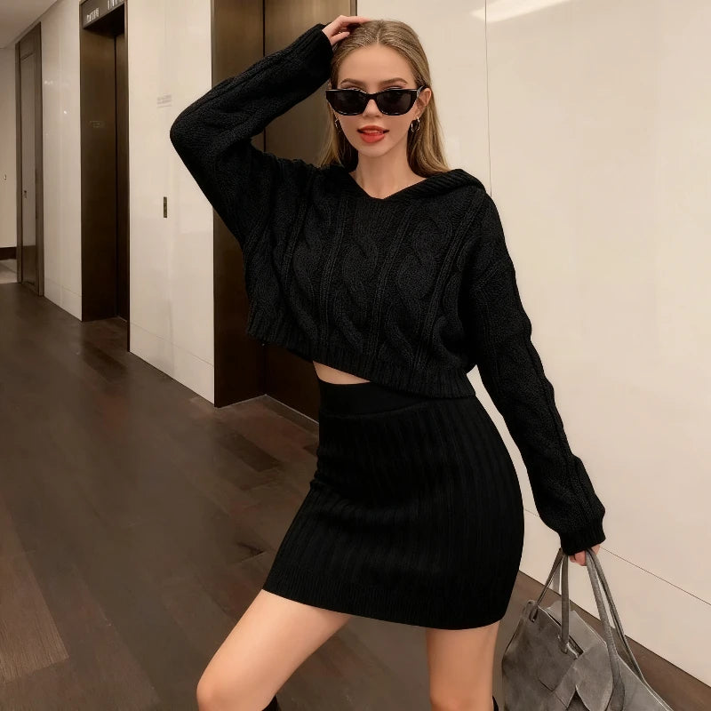 NEW Korean Elegant Hooded Pullover Chic Sweater New Women High Waist Hip Short Skirts 2-piece Set Set Knitted Slim Fit Suit