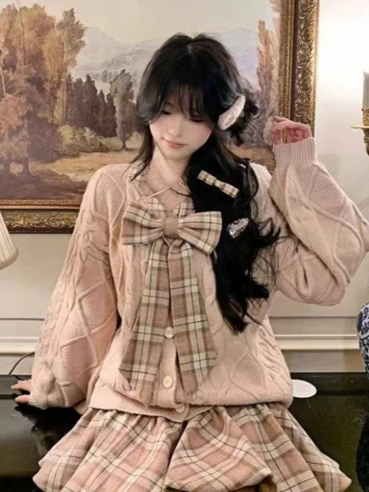 Korean College Style 2 Piece Set Sweet Bowknot Pink Sweater + Plaid Skirt Women  2025 New Autumn Winter Elegant Fashion Outfits