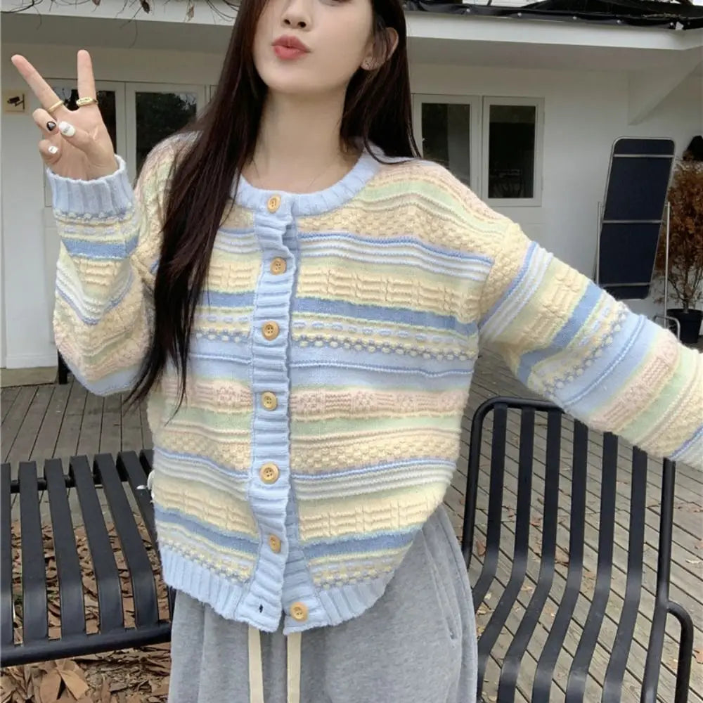 Spring Long Sleeve Stripe Crochet Sweaters Autumn Spring Korean Sweet Knitwear Ladies Top Loose Cardigans Women Y2K Streetwear