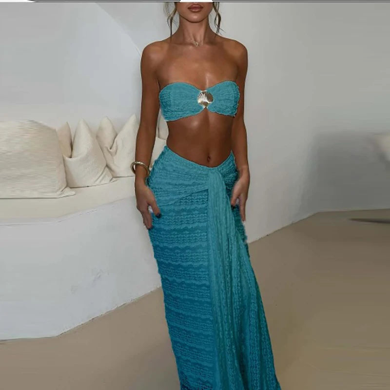 Sexy Solid Hollow Out Swimsuits Outfits Casual Beach Vacation Bathing Suit Set Summer Lace Jacquard Bra&Half Skirts Bikini Sets