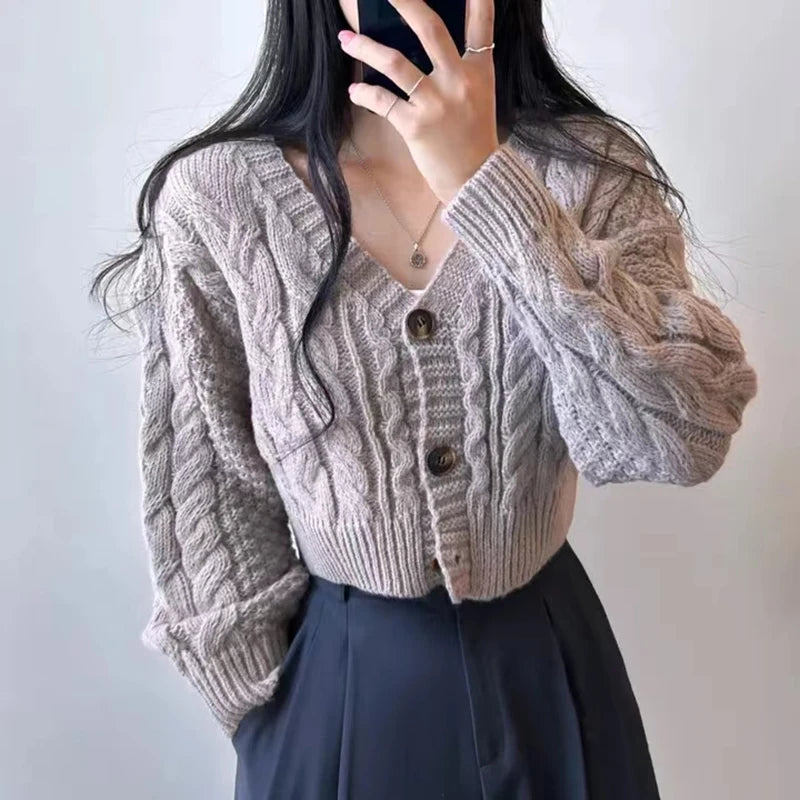 Women Korean Chic Cardigan Sweater Casual All Match Sweet Loose Short Knit Jumpers Female Autumn Winter New Twisted Solid Top