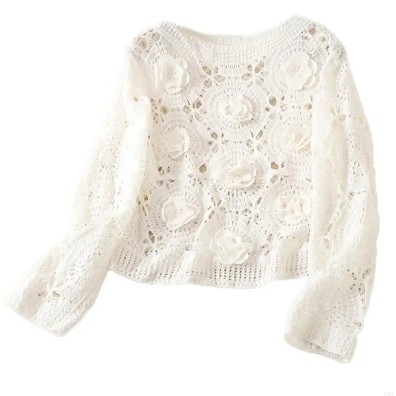 G5GC Crochet Hollowed Out Knit Sweater Crop Top for Women Soft Cotton Fabric Elegant 3D Flower Long Sleeve Pullover Coverup