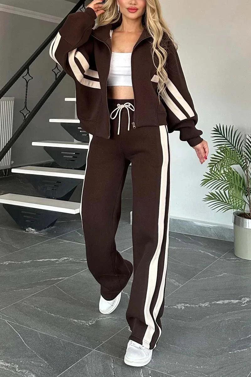 Fashion Long-sleeved Stand-up Collar Zipper Top + Wide-leg Pants 2-piece Set Women Autumn Striped Splicing Sport Suit Female Y2K