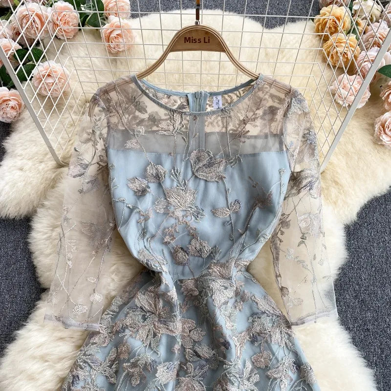 Ele Embroidered Net Gown Dr Korean Sle round Ne High Waist A-Line Skirt for Young Women Summer Faion Dr