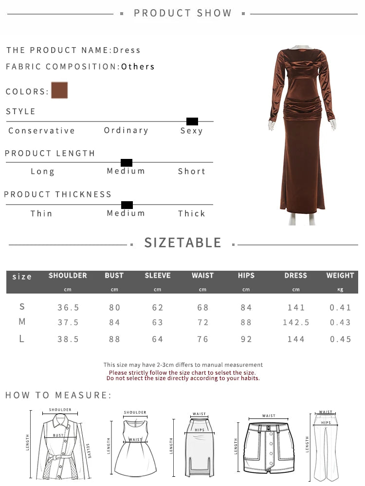 Sisterlinda Silky Satin Long Dress Woman Fashion Trend o-Neck Full Sleeve High Waist Robe Daily Casual Ruched Elegant Vestidos