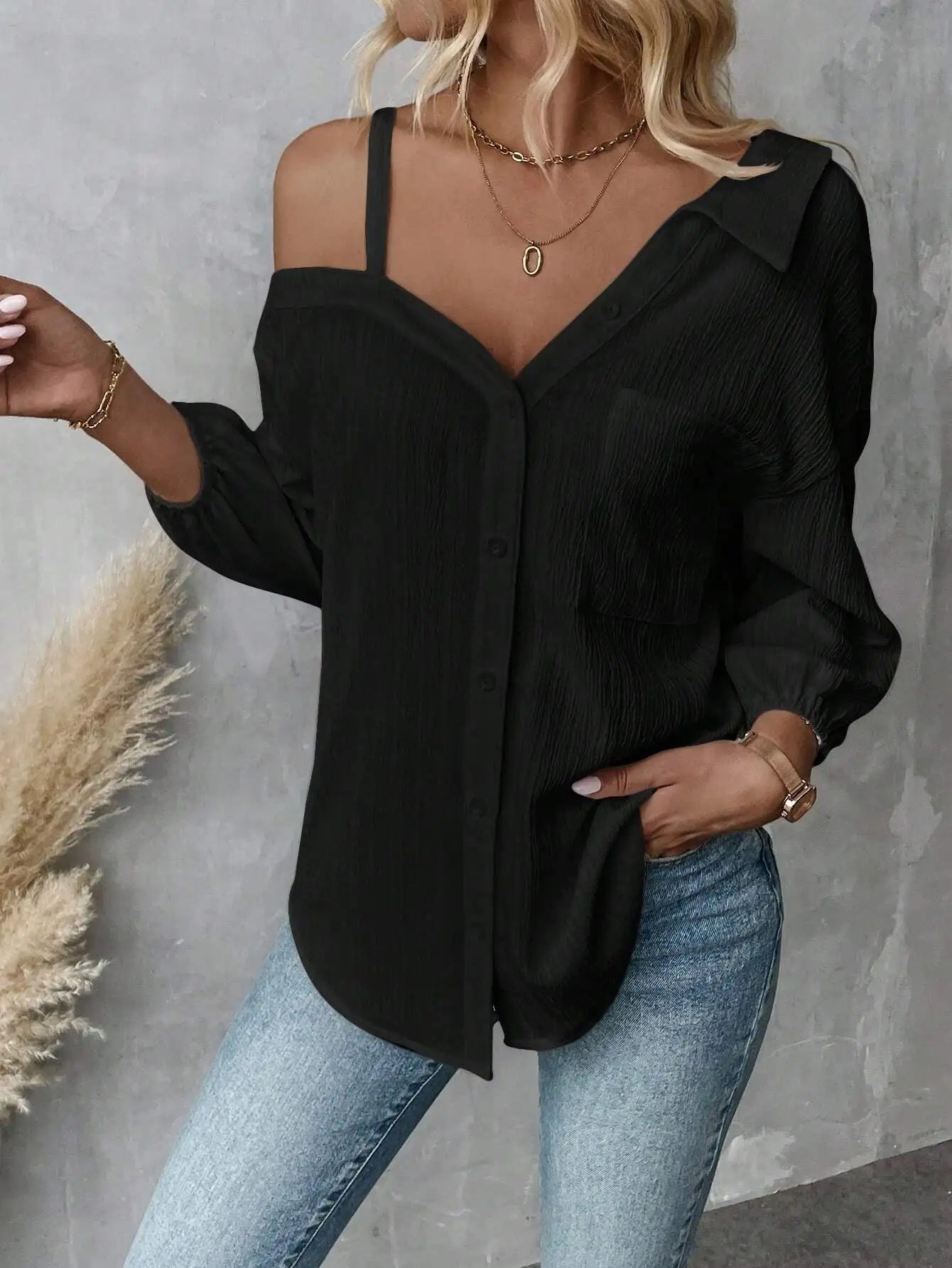 Women Solid Shirt Sexy V Neck Off Shoulder White Shirts Tops Lady Fashion Pockets Button Office Top Womens Clothing Summer New