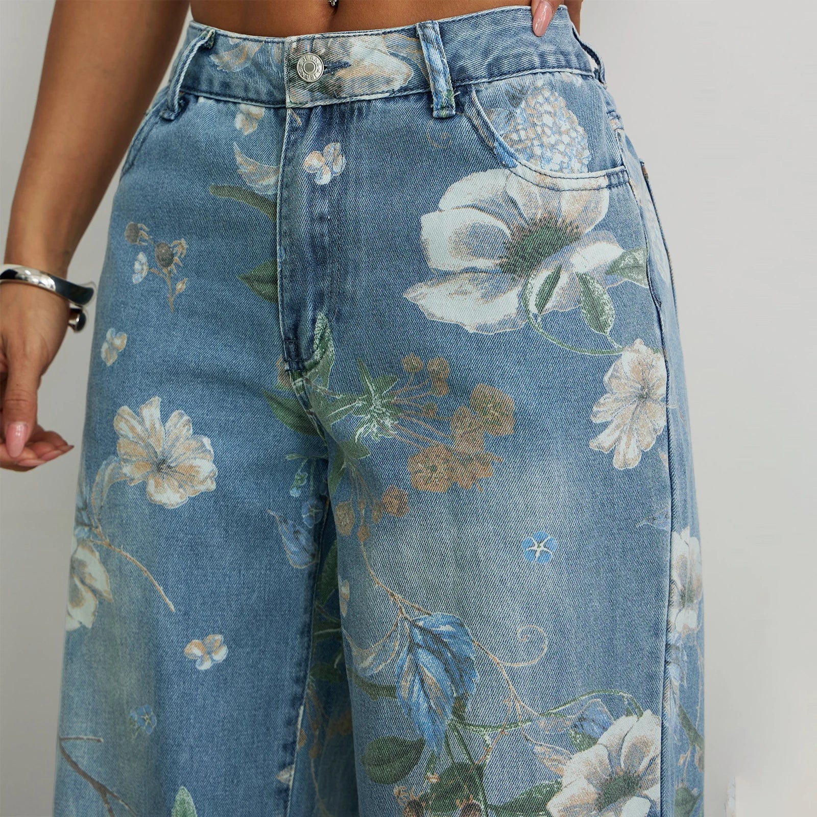 2025 New Y2K Women's Floral Print Denim Pants Lightweight Mid Waist Loose Wide Leg Jeans Trousers