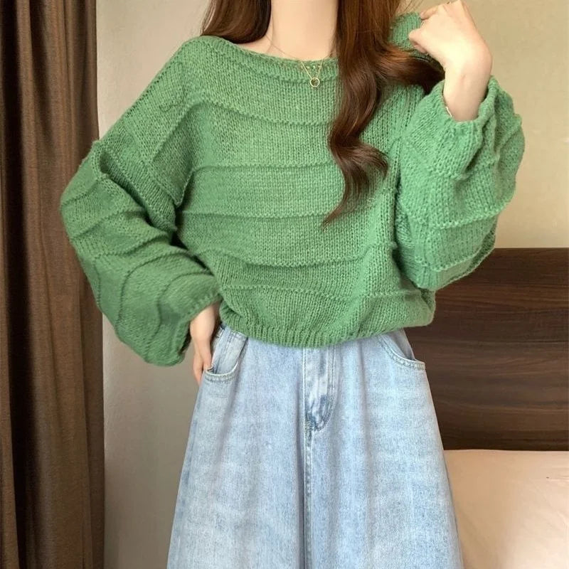 Knitted Sweater All Match Round Neck Sweater Pullover Korean Style New Loose Autumn Fashion Casual Chic Solid Color Top