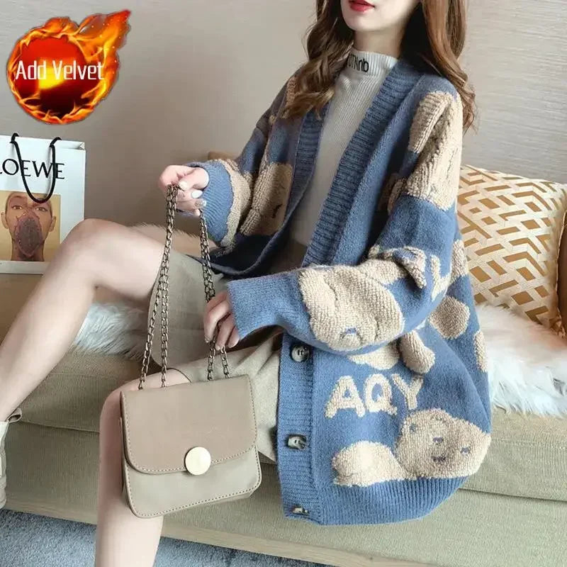Long Knit Tops for Woman Graphic Black Winter Button Cardigan Cute Women's Sweater Kawaii V-neck Korean Fashion Crochet Luxury