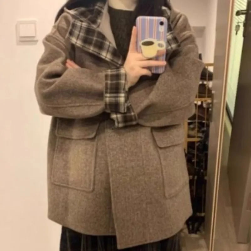Wool Jackets Women Vintage Loose Casual Blends Autumn Winter Thick Korean Style Harajuku Hooded Ulzzang Classic Temperament 2024