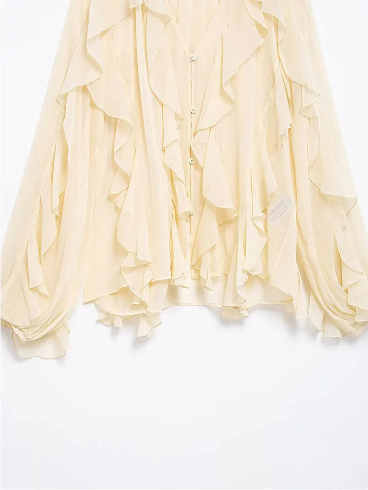 Women's Casual Ruffled Shirt Loose Lace Up Hollow Out V Neck Tops 2025 Spring Blouses Women Clothes