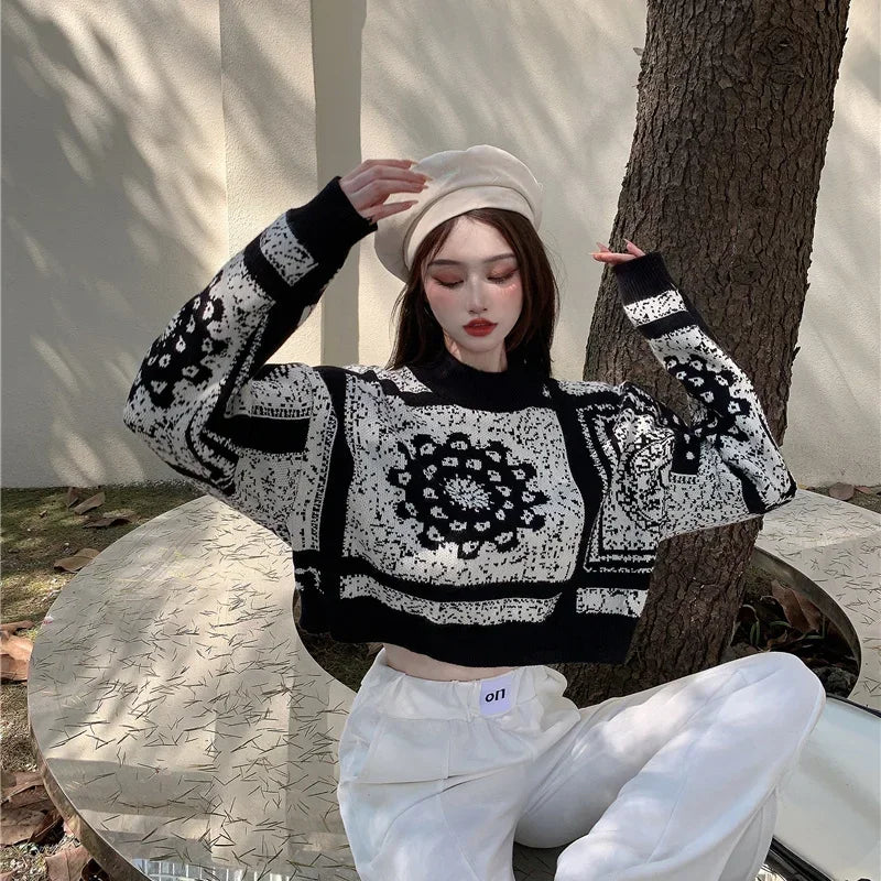Women's Sweater Graphic Short Knit Tops for Woman Crop Pullovers Round O Neck Long Sleeve Crochet Korean Style Winter 2025 Sale