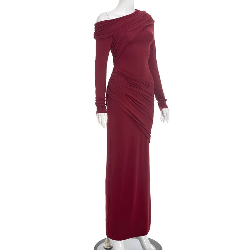 CUTENOVA Women'S Fall/Winter New Arrival Solid Color Elegant Fitted Asymmetrical Neckline Pleated Long Dress Chic Party Dress