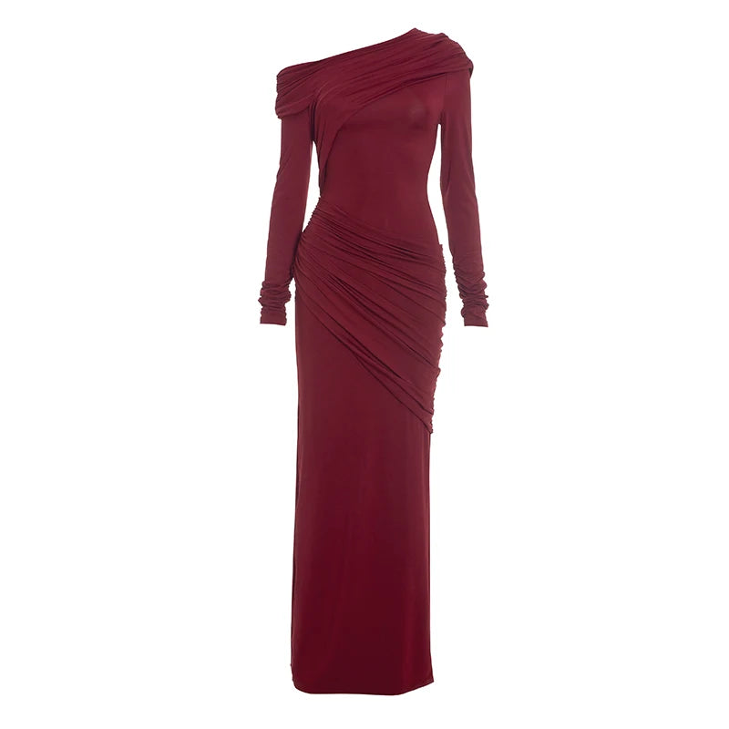 CUTENOVA Women'S Fall/Winter New Arrival Solid Color Elegant Fitted Asymmetrical Neckline Pleated Long Dress Chic Party Dress