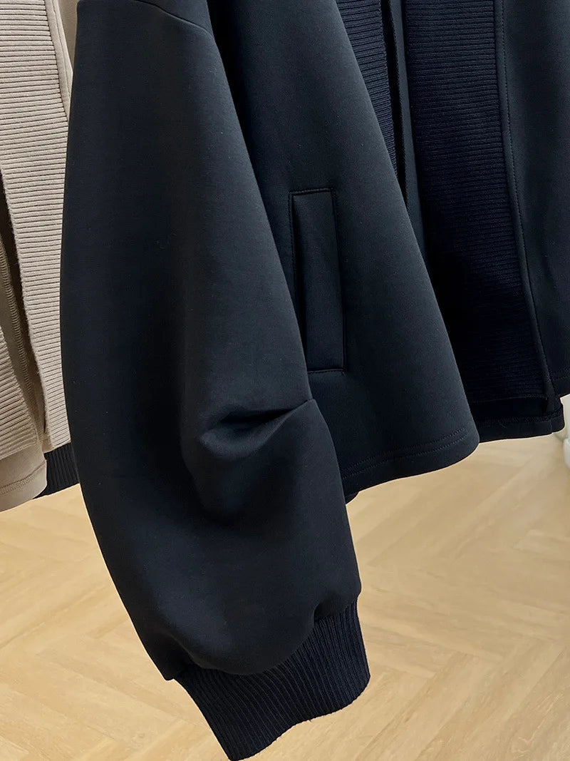 French black unique design coat women's spring and autumn new fashion plus size pleated personality literary leisure cardigan