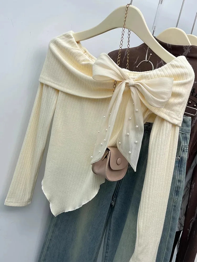 Sweet Korean Fashion Sweater Women's Bow Tied Off Shoulder Irregular Knitted Pullovers Autumn Winter Chic Sexy Short Crop Tops