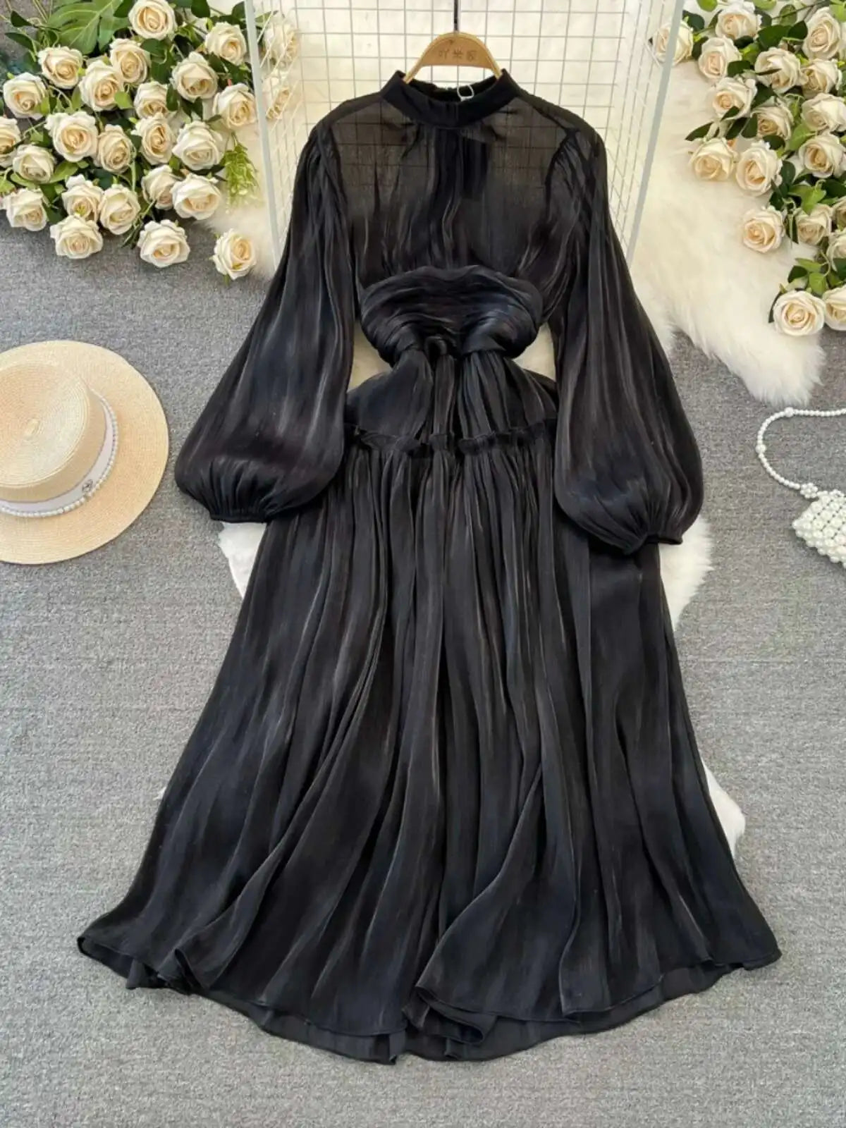 Elegant Long Sleeve Midi Party Dresses Women Summer Autumn Bright Faux Silk Retro Solid Evening Party Vestidos