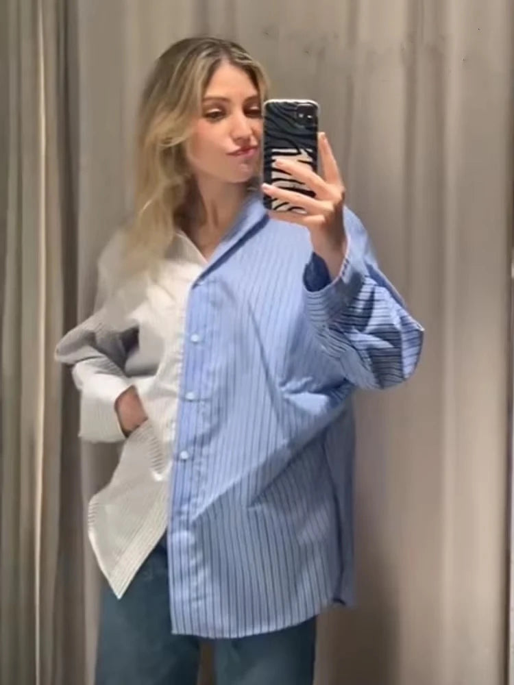 HH Women Fashion Versatile Striped Long-sleeved 8-Color Shirt Female New Splicing Loose Lapel Single-breasted Casual Shirts