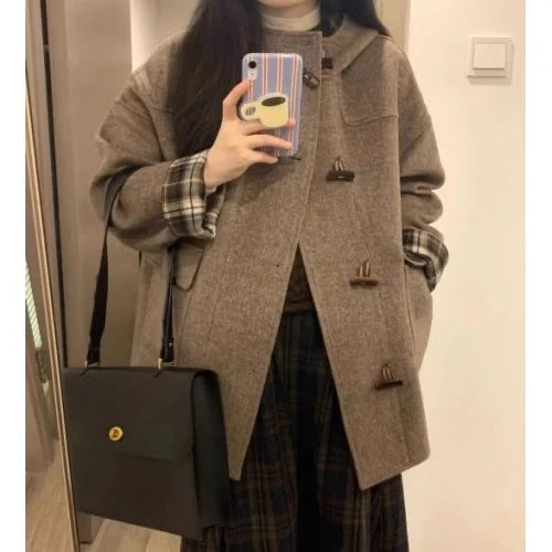 Wool Jackets Women Vintage Loose Casual Blends Autumn Winter Thick Korean Style Harajuku Hooded Ulzzang Classic Temperament 2024