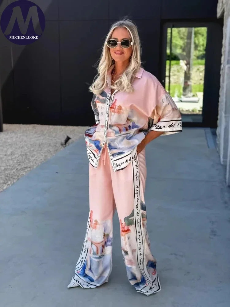 2 Pieces Set for Woman Summer New Elegant Printed Half Sleeves Shirt Tops Suits Fashionable Casual Loose Wide Leg Pants Sets