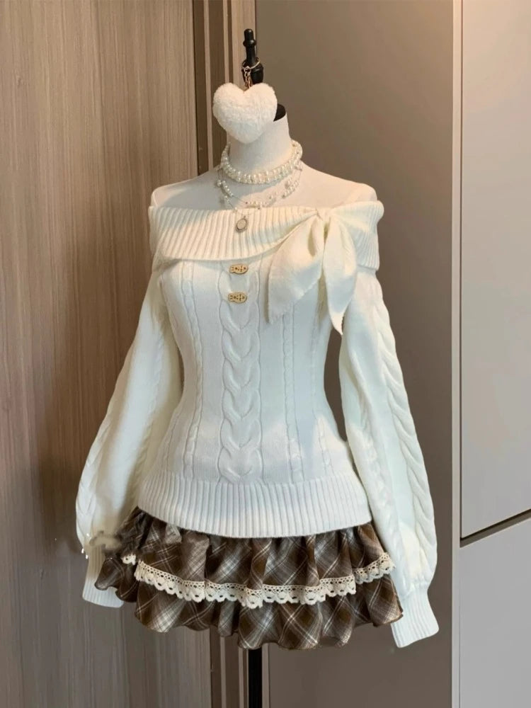 Sweet Korean Knitted Sweater Women Autumn Winter Faux Fur Jumper Female Japanese Kawaii Jumpers Vintage Elegant Pullover Y2k