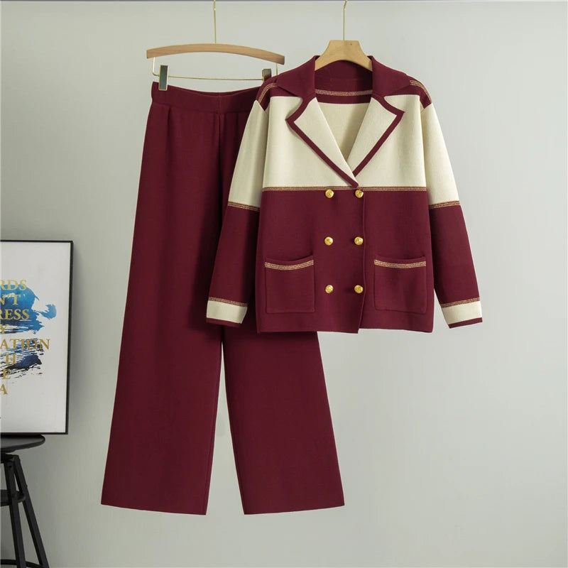 2025 Autumn And Winter Knitted 2 Piece Sets Women  Long Sleeve Collar Cardigan Tops Wide Leg Pants Stretch Matching Suit Outfit