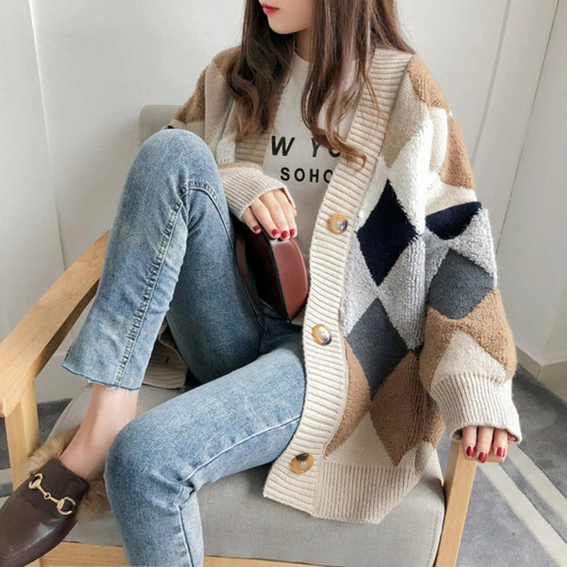 Korean Style Lady Knitted Cardigan Casual Loose V-neck Diamond Print Women's Thick Sweater Jacket Autumn Winter New Knitwear