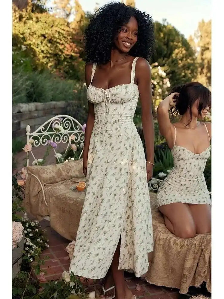 Townlike Waist Wrap Print A-line Midi Long Dress Women Spaghetti Strap 2024 Spring Summer Dress Backless Sexy Party Dresses