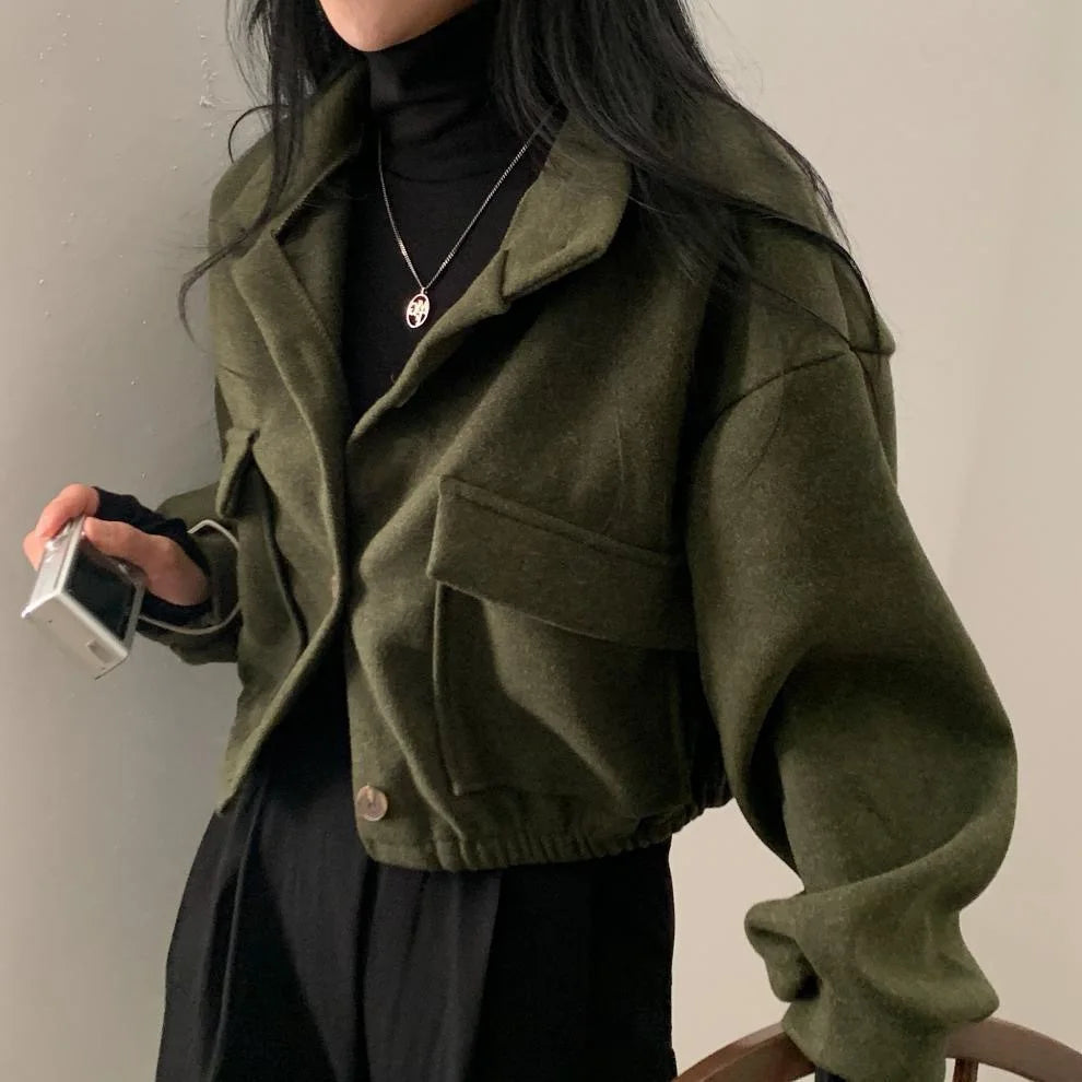 Korean Style Cool Retro Top Women's Autumn Winter Motorcycle Short Loose Woolen Jacket Small Stand Collar Casual Youthful