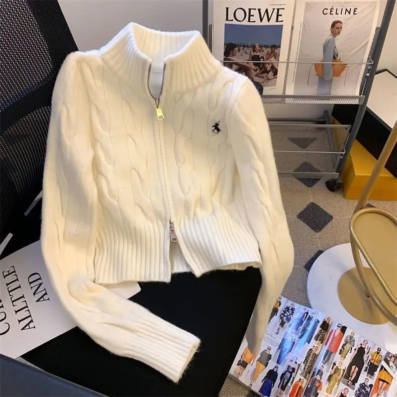 Korean Chic Sweater Women Autumn Winter Knitted Cropped Cardigan Y2k Embroidery Zip Jacket Soft Jumpers Long Sleeve Coat Design