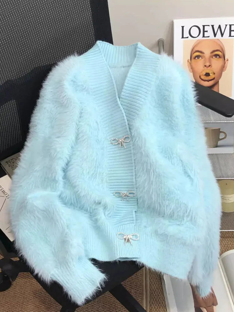 Korean Fashion Imitation Mink Sweater Cardigan Women Casual Sweet Knitwears Cropped Tops Coats Chic Design Long Sleeve Abrigos