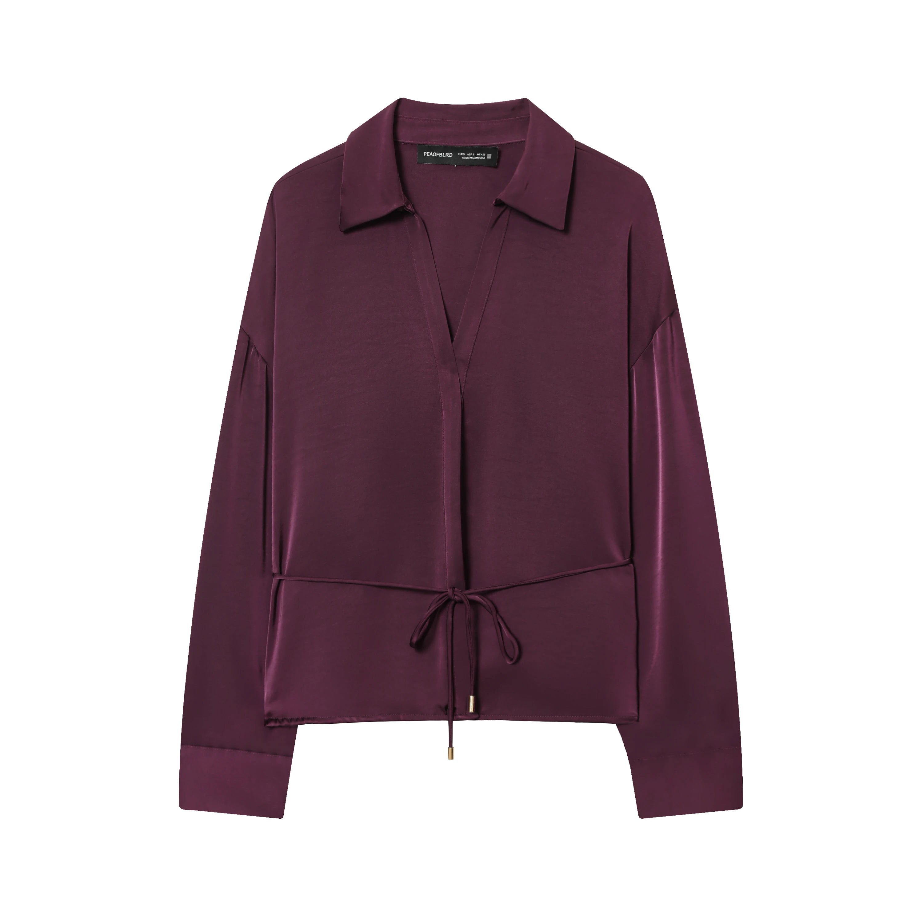 Women's elegant long-sleeve shirt with drawstring waist, available in burgundy and beige, creating a stylish office and casual l