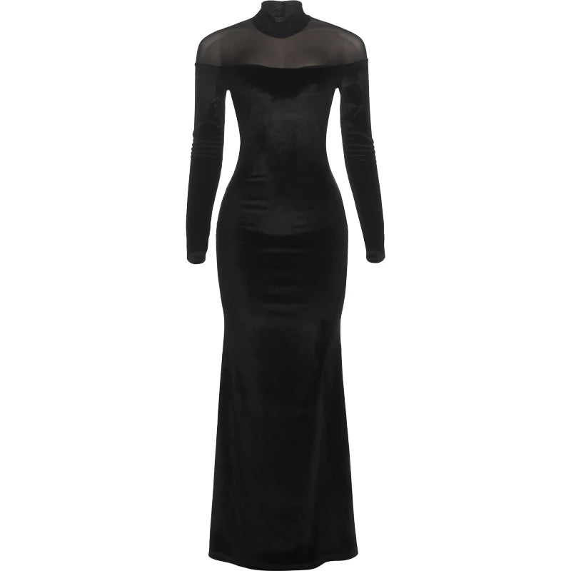 Nibber Full Sleeve Turtleneck Mesh Patchwork Long Dress Woman Elegant Velvet Slim High Waist Evening Prom Party Elegant Bodycon