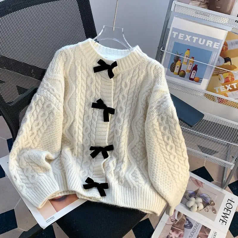 Korean Style Chic Bow Sweater Jacket for Women in Autumn and Winter, Loose, Lazy, Retro, Fashionable, Sweet Knit Sweater