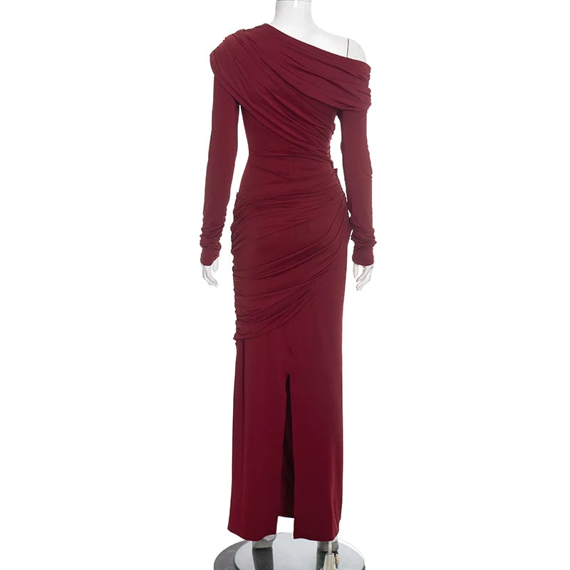 CUTENOVA Women'S Fall/Winter New Arrival Solid Color Elegant Fitted Asymmetrical Neckline Pleated Long Dress Chic Party Dress