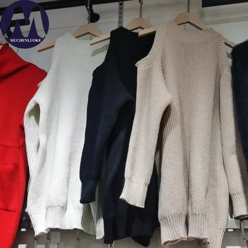 Women's Korean Fashion Knitted Sweater Autumn Winter High Collar Off-Shoulder Casual Loose Pullover Half Hanging Neck Design