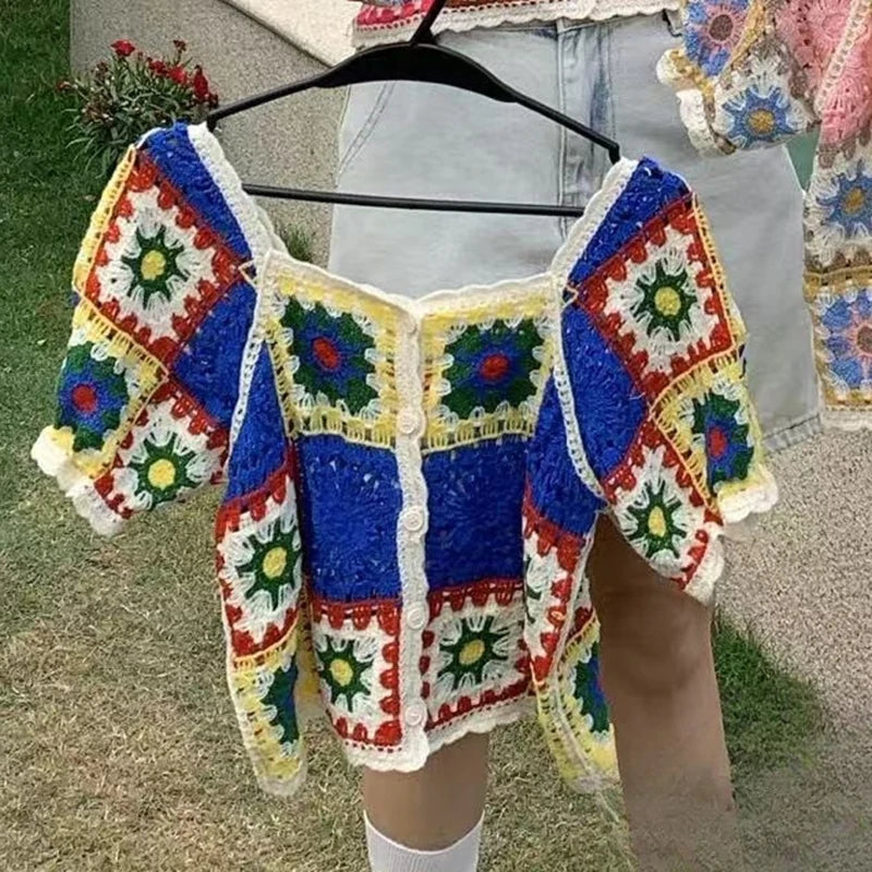 Granny Crochet Top with Puff Sleeve Button Front Openwork Knit Cardigan Blouse Summer Boho Beach Outfit