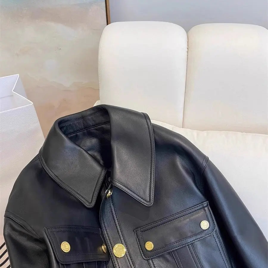 Black ribbed jacket top women's short 2025 autumn new coat  leather jacket women winter jacket