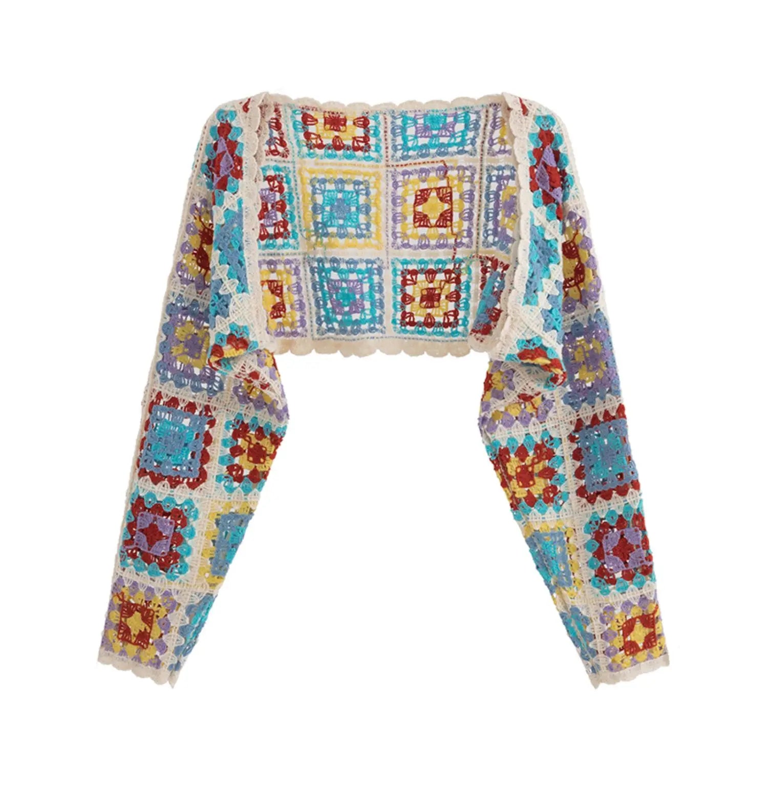 Crochet Granny Square Crop Cardigan Women Long Sleeve Open Front Knitted Shrug Top Beach Cover-up Boho Festival Outfit