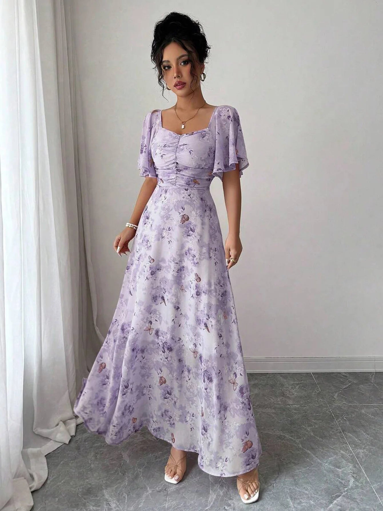 Women's Sweet French Style Mini Dress with Purple Butterfly Print, Batwing Sleeves & Back Zipper