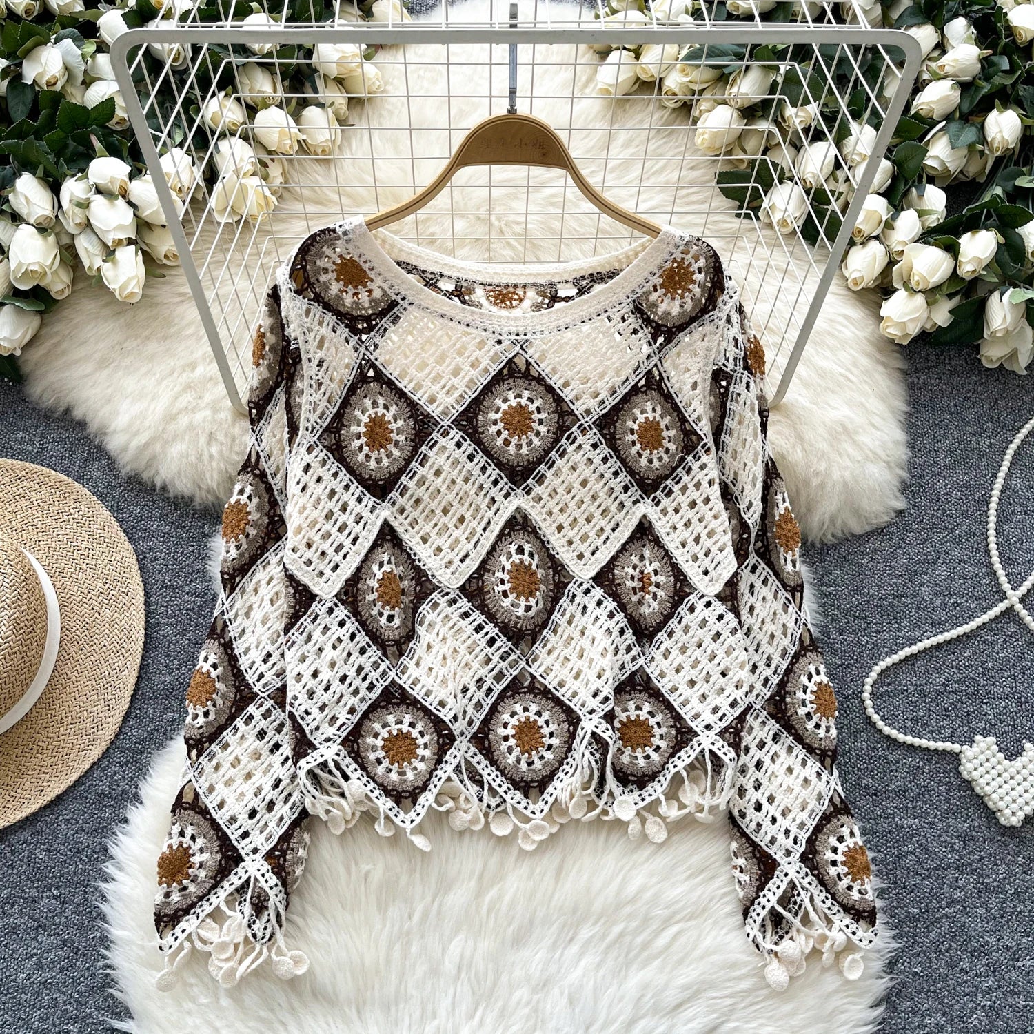 Granny Square Crochet Knit Top for Women Long Sleeve Sheer Open Knit Pullover Sweater Teen-girl Boho Beach Cover Up Outfit