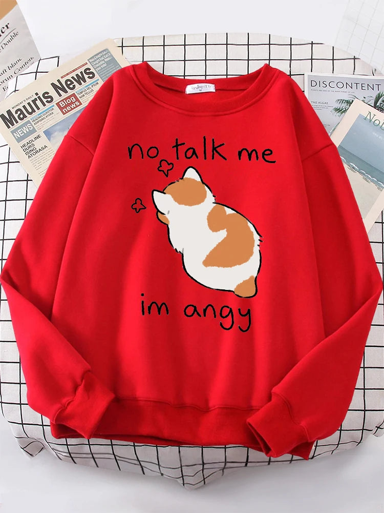 Female Sweatshirts No Talk Me Cute Angy Cat Print Top Women Harajuku Oversize Long-Sleeve Kawaii Animal 2024 New Lady Sweatshirt