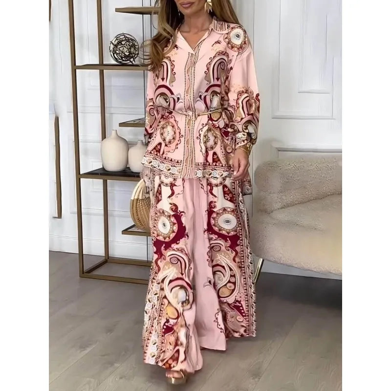 2025 Women Print Two Piece Set Elegant Chic Long Sleeve Shirt Top Wide Leg Pants Set Spring Vacation Tropical Outfits Streetwear
