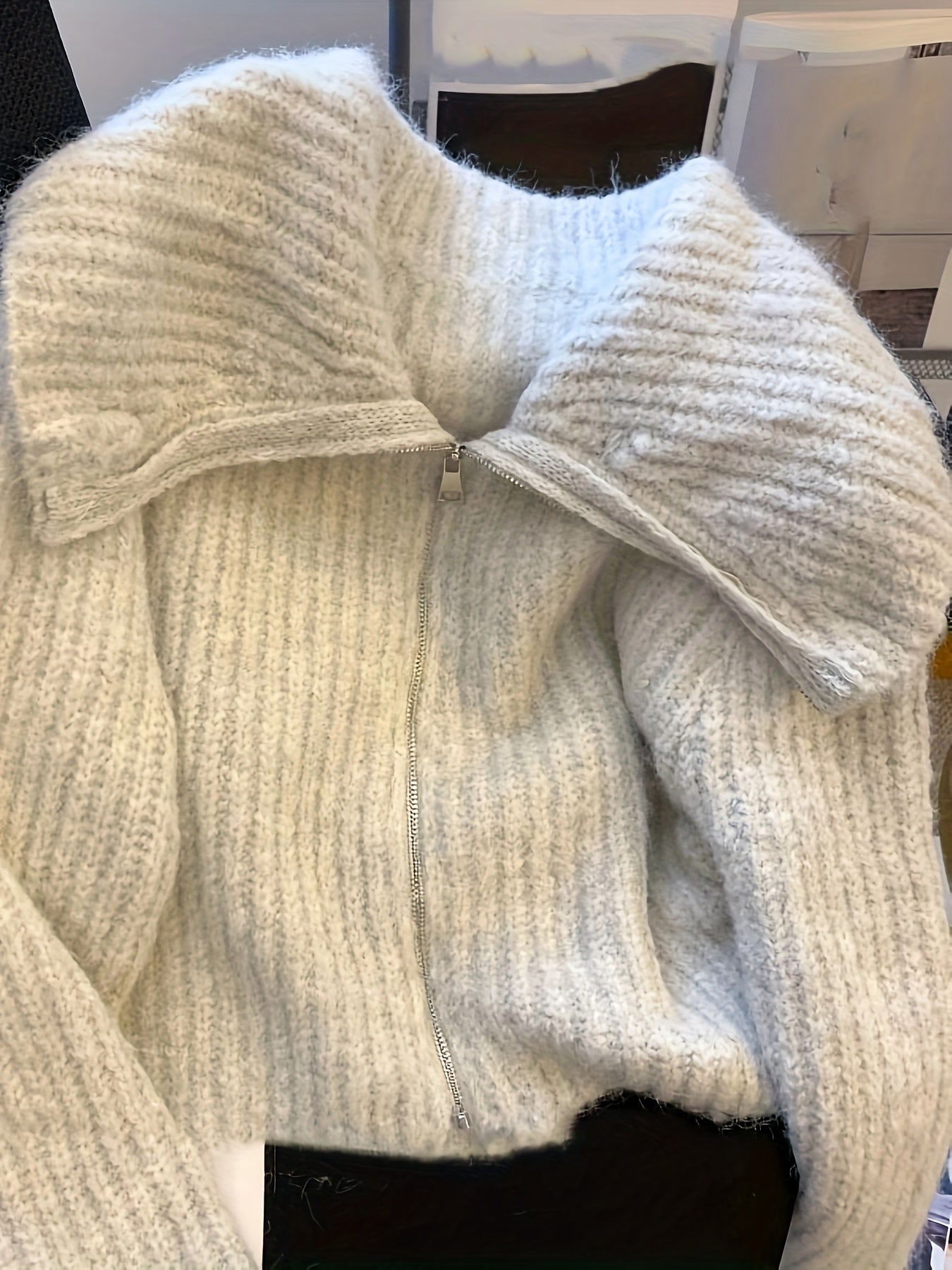 Creamy Lazy Style Double Zipper Doll Collar Sweater Coat for Women, Autumn Winter Soft Fuzzy Fleece Cardigan Top, Sweater Jacket, Cropped Sweater, Oversized Sweater, Cute Sweater