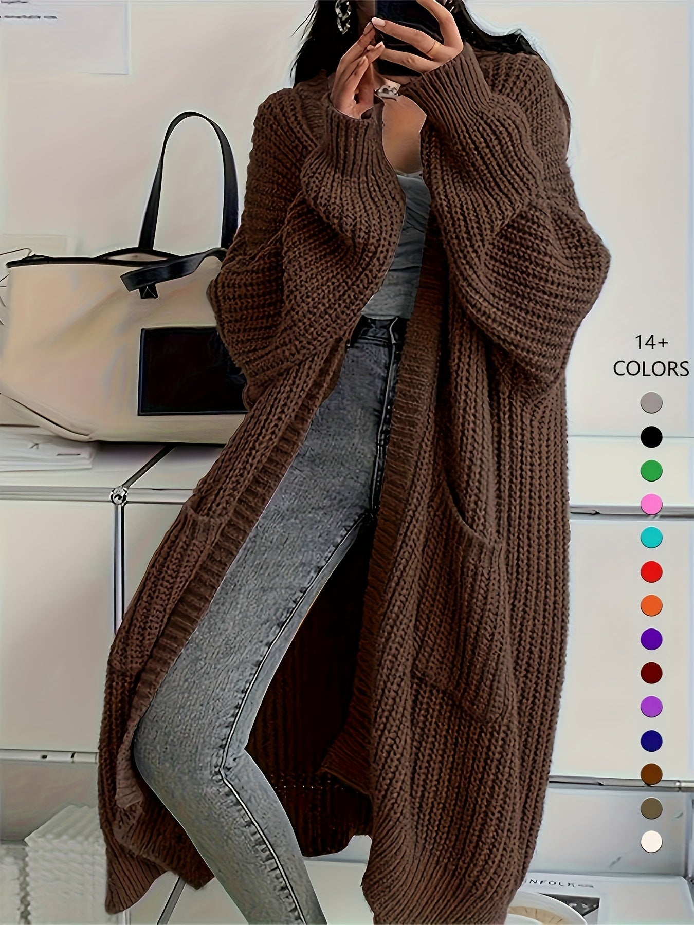 Women'S Chic Knee-Length Cardigan Sweater - Soft Open Front Sweater Coat, All-Season Layering Piece for Everyday & Formal Outfits - Available in Beige, Brown, Black, Blue, Green, Purple, Red, Orange, Pink, - Women'S Fashion O
