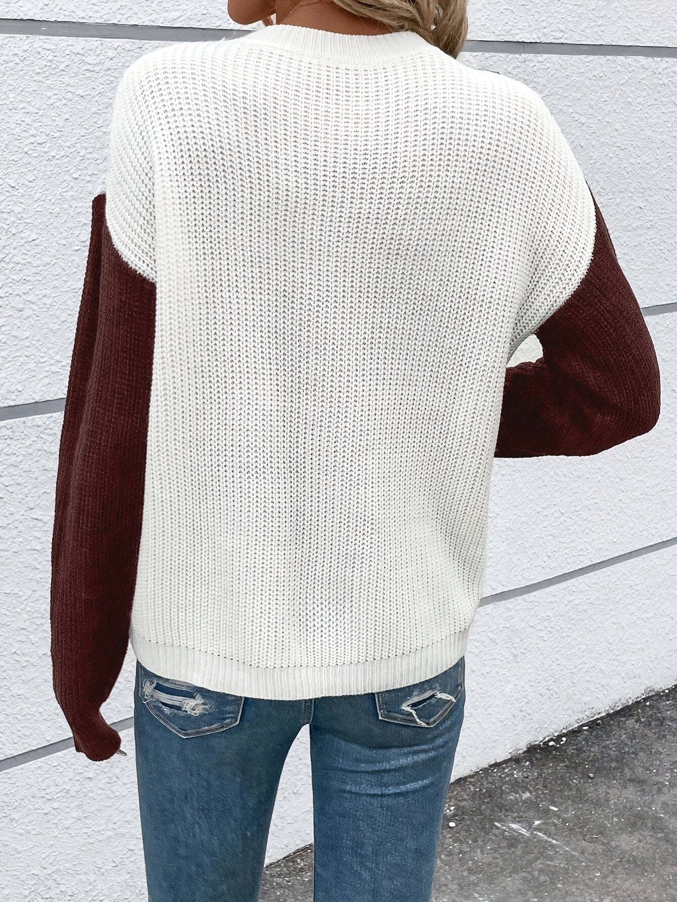 Women'S Stylish Color Block Cardigan - Slim Fit Long Sleeve Crop Top with Single-Button Closure, White & Brown Patchwork Design, Casual Fall/Winter Wear, Cute Sweater