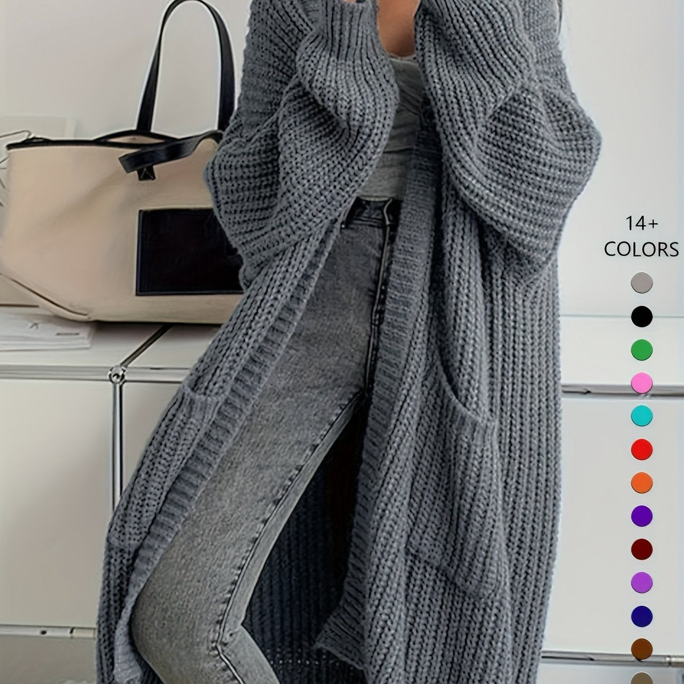 Women'S Chic Knee-Length Cardigan Sweater - Soft Open Front Sweater Coat, All-Season Layering Piece for Everyday & Formal Outfits - Available in Beige, Brown, Black, Blue, Green, Purple, Red, Orange, Pink, - Women'S Fashion O