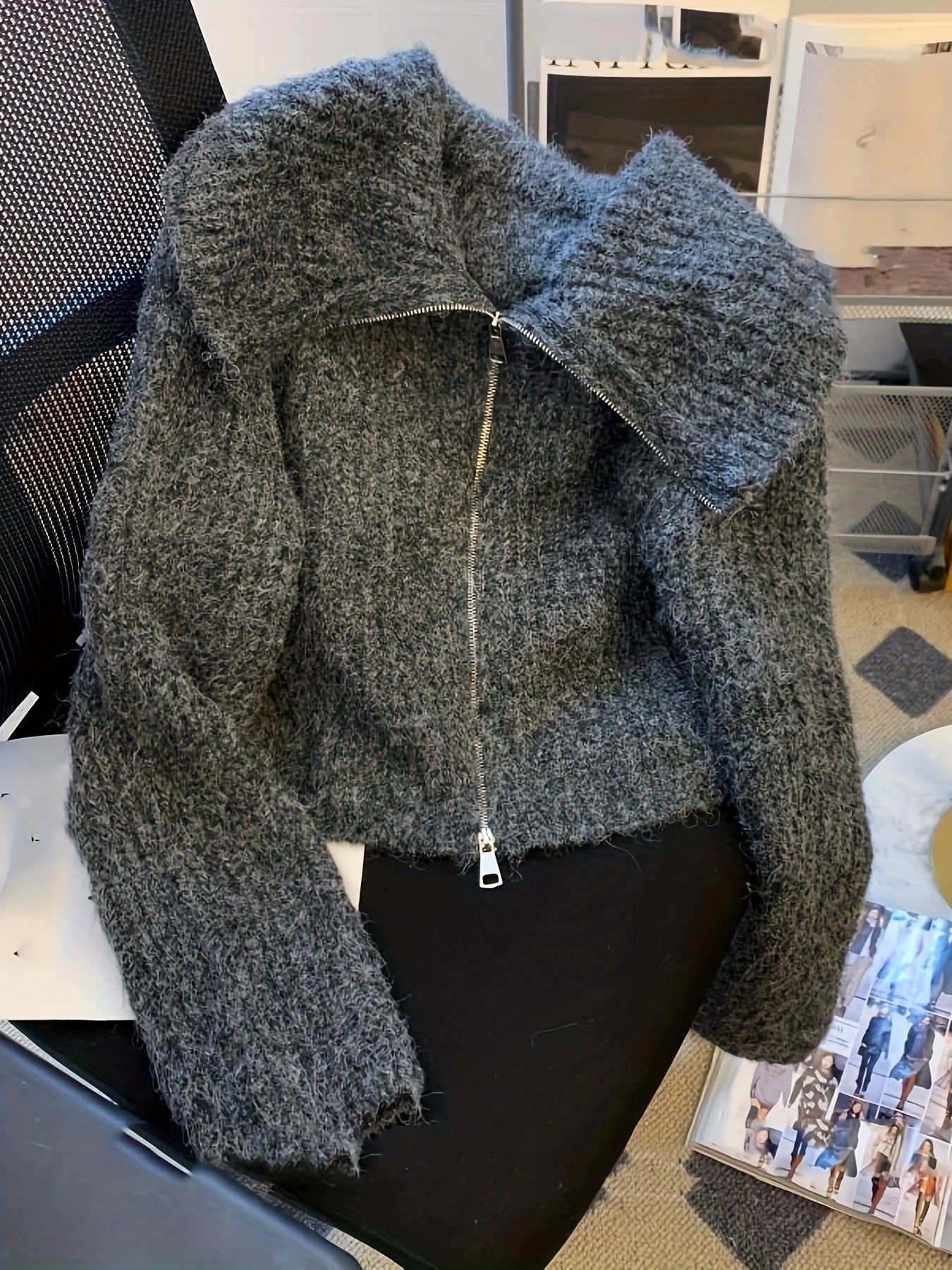 Creamy Lazy Style Double Zipper Doll Collar Sweater Coat for Women, Autumn Winter Soft Fuzzy Fleece Cardigan Top, Sweater Jacket, Cropped Sweater, Oversized Sweater, Cute Sweater