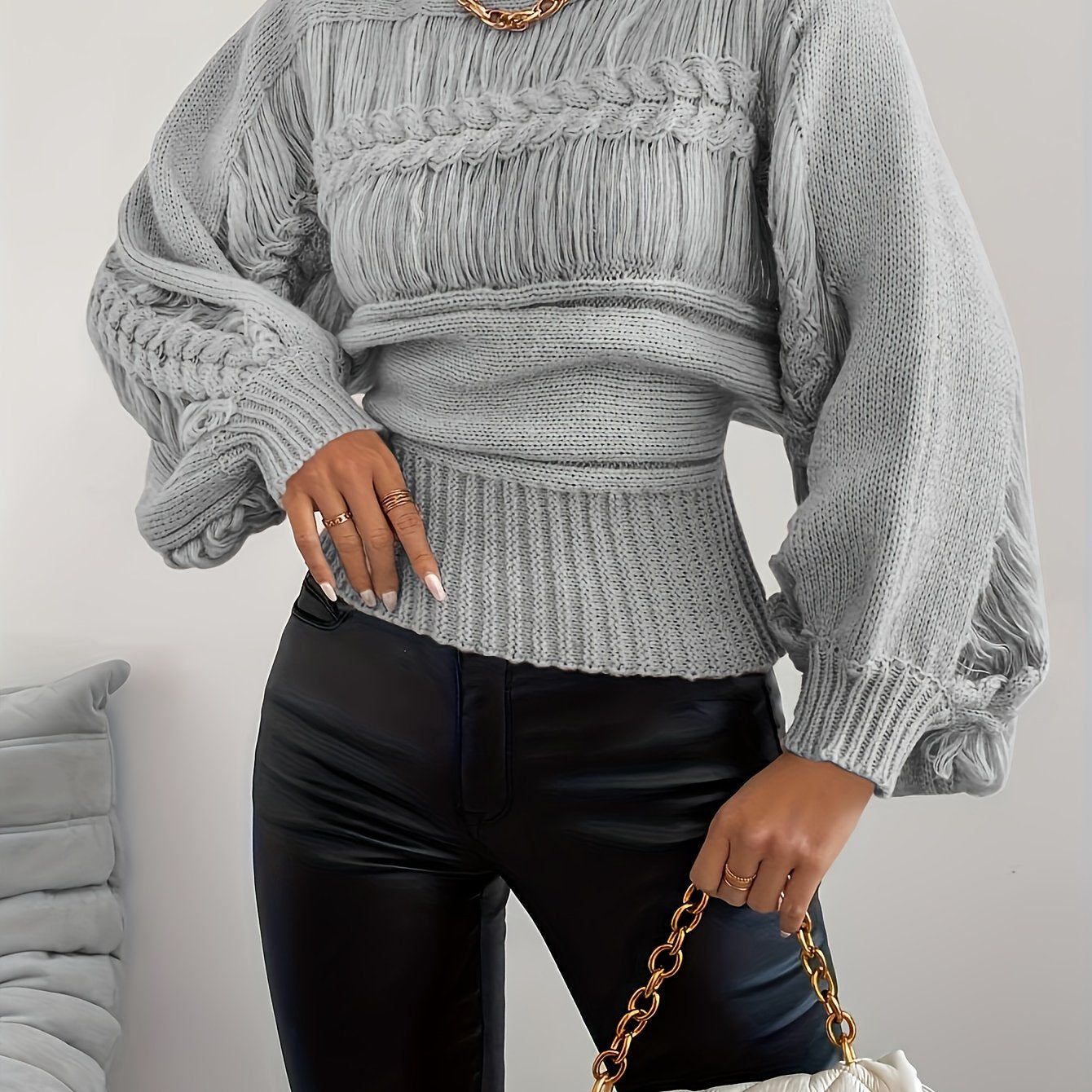 Women's Autumn Winter Round Neck Sweater - Soft Solid Color Casual Pullover, Elegant Middle Eastern-Inspired Design, Hand Wash/Dry Clean, Cozy Fall & Winter Wardrobe Essential, Cute Sweater, Textured Knitwear